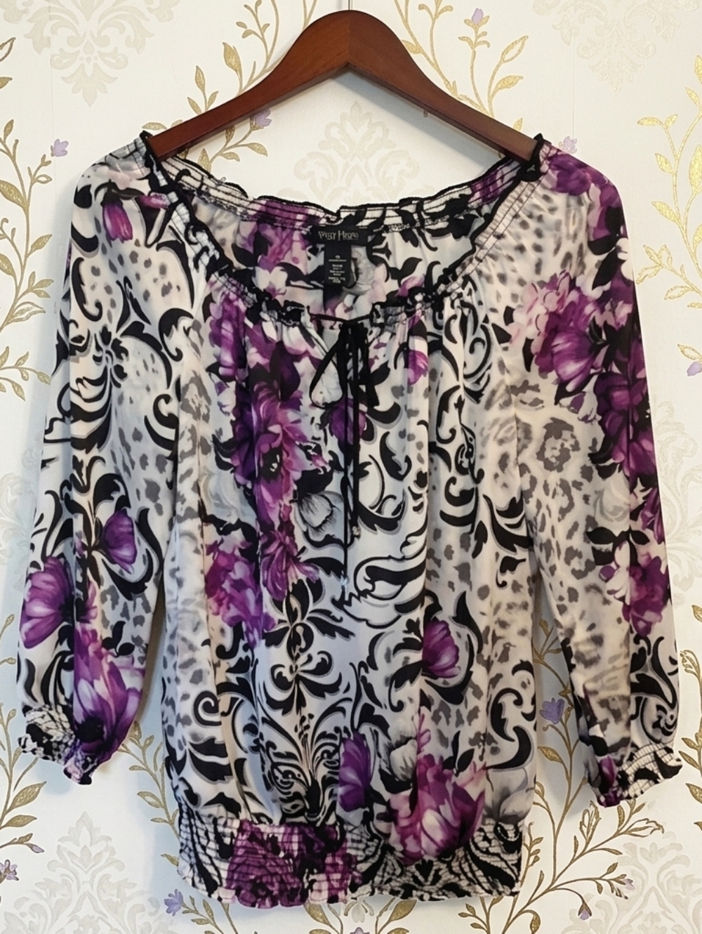 White House Black Market Black White Purple Floral Print Blouse Top